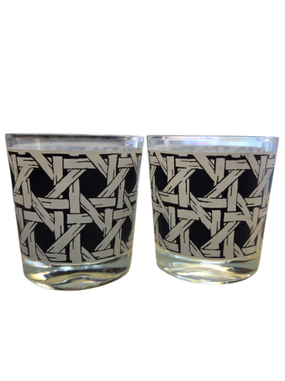 Georges Briard Black & White Wicker Woven Pattern Rocks Glasses – Pair, 1960s